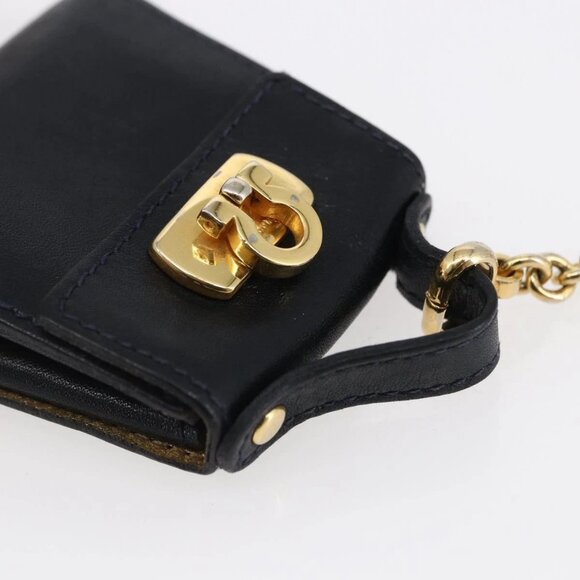 Salvatore Ferragamo Gancini Charm Leather Navy Gold Auth